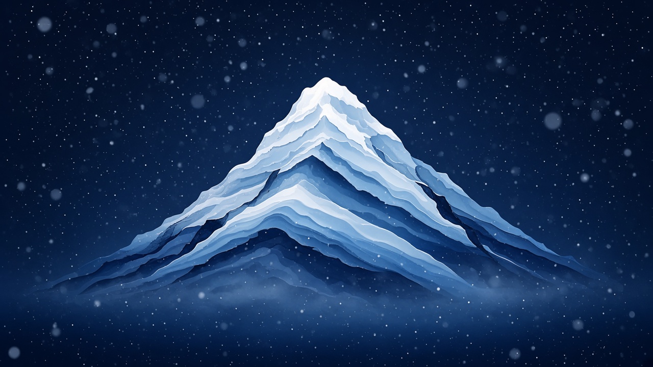 Stylized snowy mountain range under a winter night sky